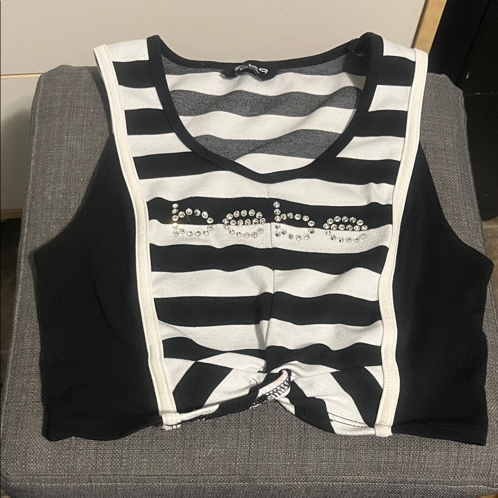 BEBE STRIPED BLACK AND WHITE TANK TOP WITH RHINESTONES